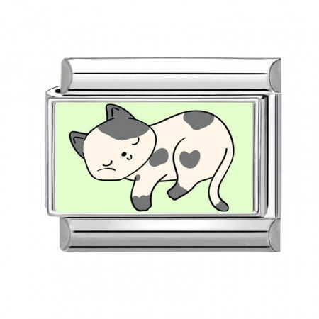 Picture of 1 Piece 304 Stainless Steel Italian Charm Links For DIY Bracelet Jewelry Making Wholesale Silver Tone Green Rectangle Cat 10mm x 9mm