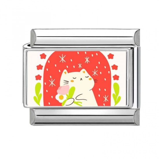 Picture of 1 Piece 304 Stainless Steel Italian Charm Links For DIY Bracelet Jewelry Making Wholesale Silver Tone Multicolor Rectangle Cat 10mm x 9mm