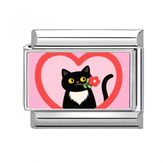 Picture of 1 Piece 304 Stainless Steel Italian Charm Links For DIY Bracelet Jewelry Making Wholesale Silver Tone Pink Rectangle Cat 10mm x 9mm