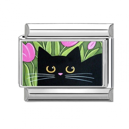 Picture of 1 Piece 304 Stainless Steel Italian Charm Links For DIY Bracelet Jewelry Making Wholesale Silver Tone Black Rectangle Cat 10mm x 9mm