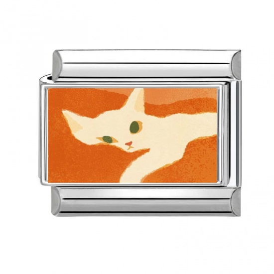 Picture of 1 Piece 304 Stainless Steel Italian Charm Links For DIY Bracelet Jewelry Making Wholesale Silver Tone Orange Rectangle Cat 10mm x 9mm