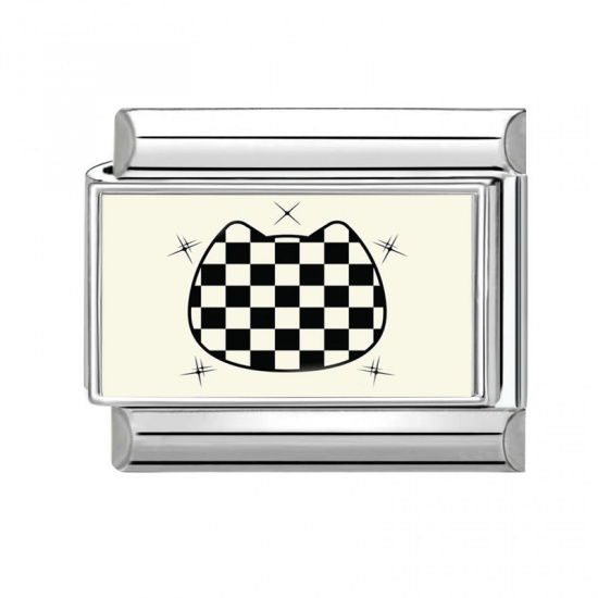 Picture of 1 Piece 304 Stainless Steel Italian Charm Links For DIY Bracelet Jewelry Making Wholesale Silver Tone Black & White Rectangle Cat 10mm x 9mm