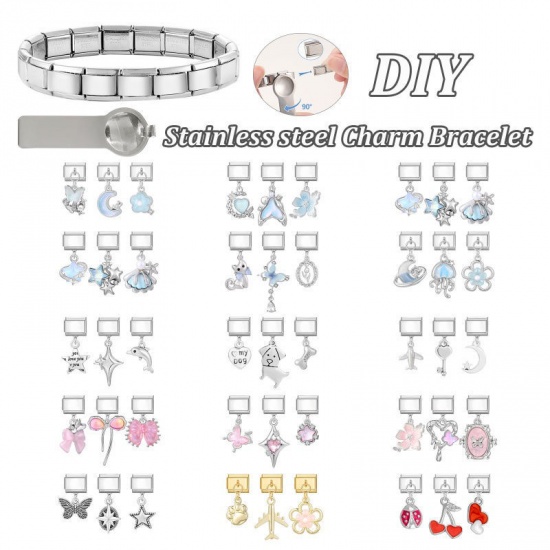 Picture of 1 Set ( 3 PCs/Set) 304 Stainless Steel & Zinc Based Alloy Italian Charm Links For DIY Modular Bracelet Watch Jewelry Making Wholesale Gold Plated Airplane Flower 10mm x 9mm