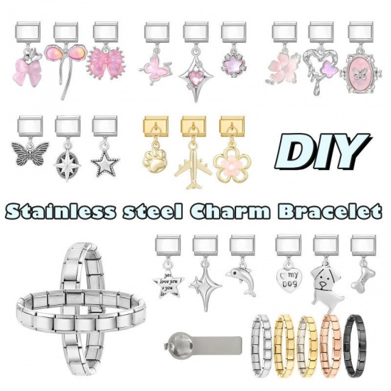 Picture of 1 Set ( 3 PCs/Set) 304 Stainless Steel & Zinc Based Alloy Italian Charm Links For DIY Modular Bracelet Watch Jewelry Making Wholesale Gold Plated Airplane Flower 10mm x 9mm