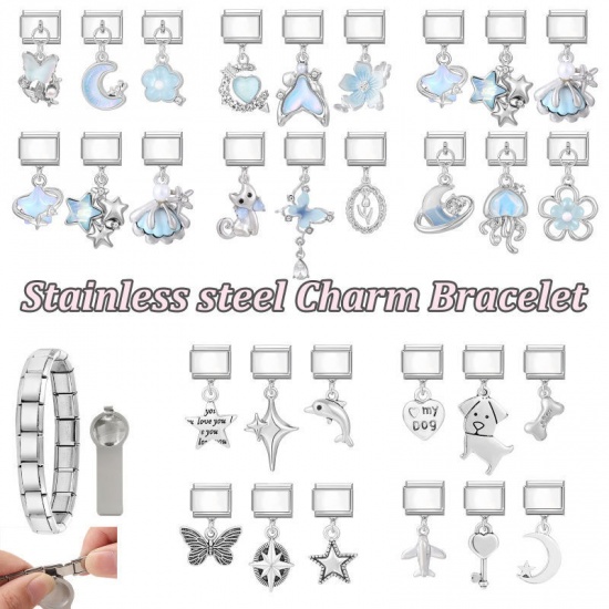 Picture of 1 Set ( 3 PCs/Set) 304 Stainless Steel & Zinc Based Alloy Italian Charm Links For DIY Modular Bracelet Watch Jewelry Making Wholesale Gold Plated Airplane Flower 10mm x 9mm