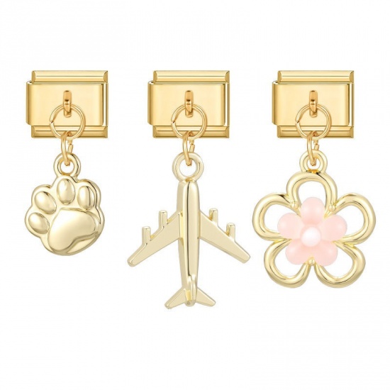 Picture of 1 Set ( 3 PCs/Set) 304 Stainless Steel & Zinc Based Alloy Italian Charm Links For DIY Modular Bracelet Watch Jewelry Making Wholesale Gold Plated Airplane Flower 10mm x 9mm