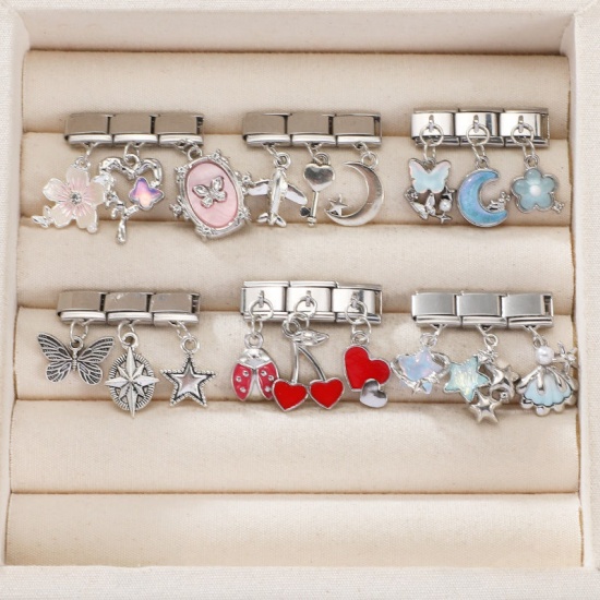 Picture of 1 Set ( 3 PCs/Set) 304 Stainless Steel & Zinc Based Alloy Italian Charm Links For DIY Modular Bracelet Watch Jewelry Making Wholesale Gold Plated Airplane Flower 10mm x 9mm