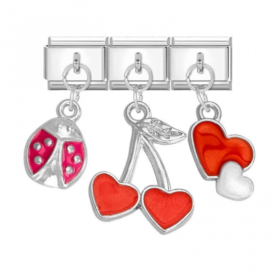 Picture of 1 Set ( 3 PCs/Set) 304 Stainless Steel & Zinc Based Alloy Valentine's Day Italian Charm Links For DIY Modular Bracelet Watch Jewelry Making Wholesale Silver Tone Red Heart Ladybird 10mm x 9mm