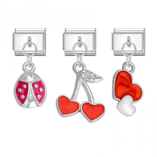 Picture of 1 Set ( 3 PCs/Set) 304 Stainless Steel & Zinc Based Alloy Valentine's Day Italian Charm Links For DIY Modular Bracelet Watch Jewelry Making Wholesale Silver Tone Red Heart Ladybird 10mm x 9mm