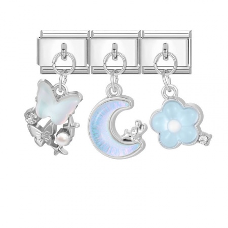 Picture of 1 Set ( 3 PCs/Set) 304 Stainless Steel & Zinc Based Alloy Italian Charm Links For DIY Modular Bracelet Watch Jewelry Making Wholesale Silver Tone Blue Half Moon Butterfly 10mm x 9mm