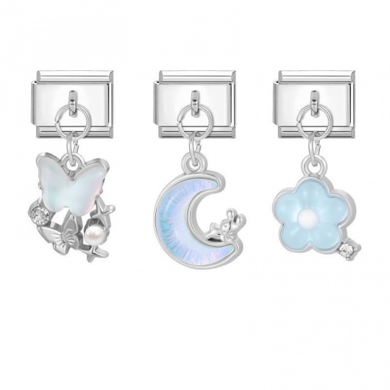 Picture of 1 Set ( 3 PCs/Set) 304 Stainless Steel & Zinc Based Alloy Italian Charm Links For DIY Modular Bracelet Watch Jewelry Making Wholesale Silver Tone Blue Half Moon Butterfly 10mm x 9mm