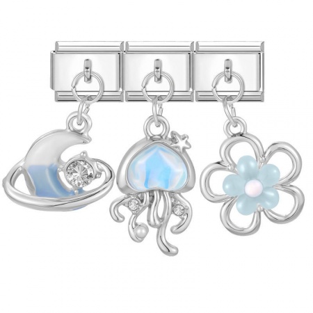 Picture of 1 Set ( 3 PCs/Set) 304 Stainless Steel & Zinc Based Alloy Italian Charm Links For DIY Modular Bracelet Watch Jewelry Making Wholesale Silver Tone Blue Jellyfish Flower 10mm x 9mm
