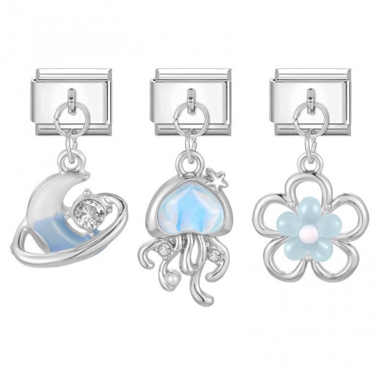 Picture of 1 Set ( 3 PCs/Set) 304 Stainless Steel & Zinc Based Alloy Italian Charm Links For DIY Modular Bracelet Watch Jewelry Making Wholesale Silver Tone Blue Jellyfish Flower 10mm x 9mm
