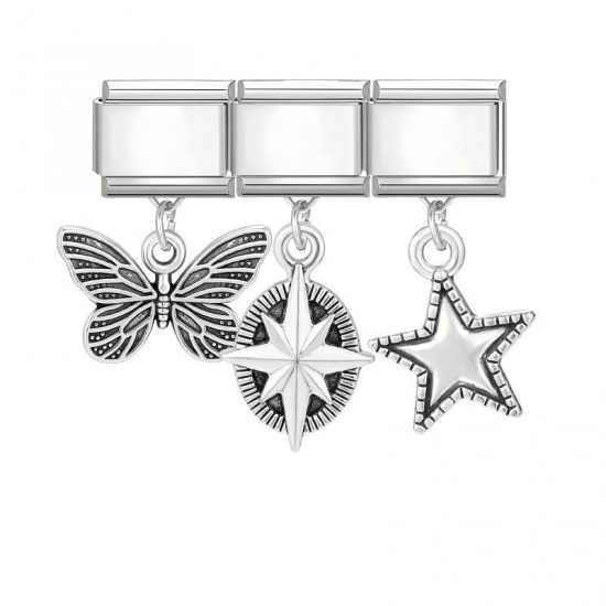 Picture of 1 Set ( 3 PCs/Set) 304 Stainless Steel & Zinc Based Alloy Italian Charm Links For DIY Modular Bracelet Watch Jewelry Making Wholesale Silver Tone Butterfly Animal Star 10mm x 9mm