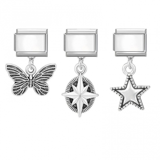 Picture of 1 Set ( 3 PCs/Set) 304 Stainless Steel & Zinc Based Alloy Italian Charm Links For DIY Modular Bracelet Watch Jewelry Making Wholesale Silver Tone Butterfly Animal Star 10mm x 9mm
