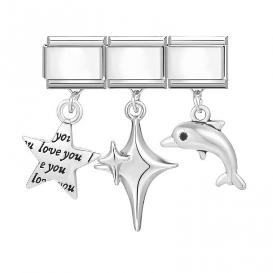 Picture of 1 Set ( 3 PCs/Set) 304 Stainless Steel & Zinc Based Alloy Italian Charm Links For DIY Modular Bracelet Watch Jewelry Making Wholesale Silver Tone Dolphin Animal Star 10mm x 9mm