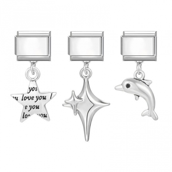 Picture of 1 Set ( 3 PCs/Set) 304 Stainless Steel & Zinc Based Alloy Italian Charm Links For DIY Modular Bracelet Watch Jewelry Making Wholesale Silver Tone Dolphin Animal Star 10mm x 9mm