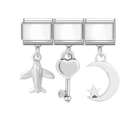 Picture of 1 Set ( 3 PCs/Set) 304 Stainless Steel & Zinc Based Alloy Italian Charm Links For DIY Modular Bracelet Watch Jewelry Making Wholesale Silver Tone Airplane Moon 10mm x 9mm