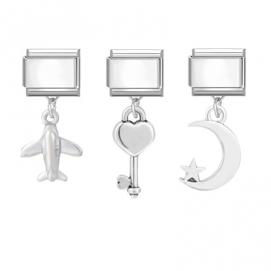 Picture of 1 Set ( 3 PCs/Set) 304 Stainless Steel & Zinc Based Alloy Italian Charm Links For DIY Modular Bracelet Watch Jewelry Making Wholesale Silver Tone Airplane Moon 10mm x 9mm