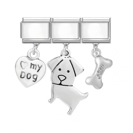 Picture of 1 Set ( 3 PCs/Set) 304 Stainless Steel & Zinc Based Alloy Pet Memorial Italian Charm Links For DIY Modular Bracelet Watch Jewelry Making Wholesale Silver Tone Dog Animal Bone Message " My Dog " 10mm x 9mm