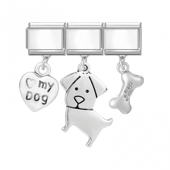 Picture of 1 Set ( 3 PCs/Set) 304 Stainless Steel & Zinc Based Alloy Pet Memorial Italian Charm Links For DIY Modular Bracelet Watch Jewelry Making Wholesale Silver Tone Dog Animal Bone Message " My Dog " 10mm x 9mm