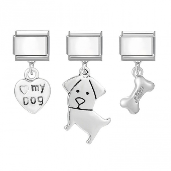 Picture of 1 Set ( 3 PCs/Set) 304 Stainless Steel & Zinc Based Alloy Pet Memorial Italian Charm Links For DIY Modular Bracelet Watch Jewelry Making Wholesale Silver Tone Dog Animal Bone Message " My Dog " 10mm x 9mm