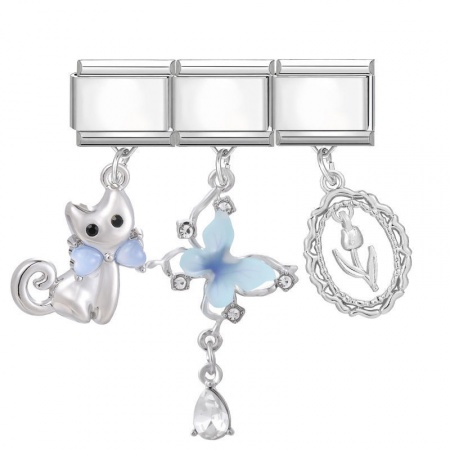 Picture of 1 Set ( 3 PCs/Set) 304 Stainless Steel & Zinc Based Alloy Italian Charm Links For DIY Modular Bracelet Watch Jewelry Making Wholesale Silver Tone Skyblue Cat Animal Butterfly 10mm x 9mm