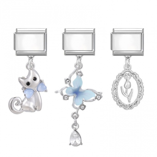 Picture of 1 Set ( 3 PCs/Set) 304 Stainless Steel & Zinc Based Alloy Italian Charm Links For DIY Modular Bracelet Watch Jewelry Making Wholesale Silver Tone Skyblue Cat Animal Butterfly 10mm x 9mm