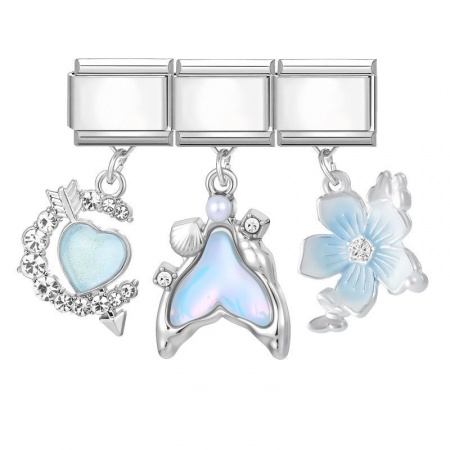 Picture of 1 Set ( 3 PCs/Set) 304 Stainless Steel & Zinc Based Alloy Italian Charm Links For DIY Modular Bracelet Watch Jewelry Making Wholesale Silver Tone Skyblue Flower Fishtail 10mm x 9mm