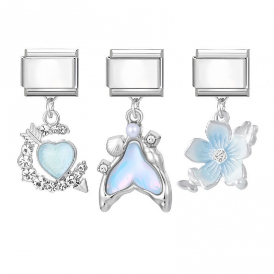 Picture of 1 Set ( 3 PCs/Set) 304 Stainless Steel & Zinc Based Alloy Italian Charm Links For DIY Modular Bracelet Watch Jewelry Making Wholesale Silver Tone Skyblue Flower Fishtail 10mm x 9mm