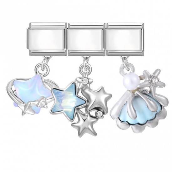 Picture of 1 Set ( 3 PCs/Set) 304 Stainless Steel & Zinc Based Alloy Italian Charm Links For DIY Modular Bracelet Watch Jewelry Making Wholesale Silver Tone Skyblue Pentagram Star Shell 10mm x 9mm