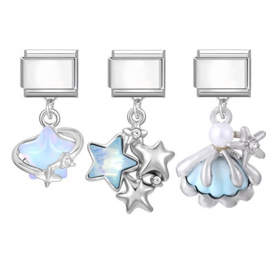 Picture of 1 Set ( 3 PCs/Set) 304 Stainless Steel & Zinc Based Alloy Italian Charm Links For DIY Modular Bracelet Watch Jewelry Making Wholesale Silver Tone Skyblue Pentagram Star Shell 10mm x 9mm