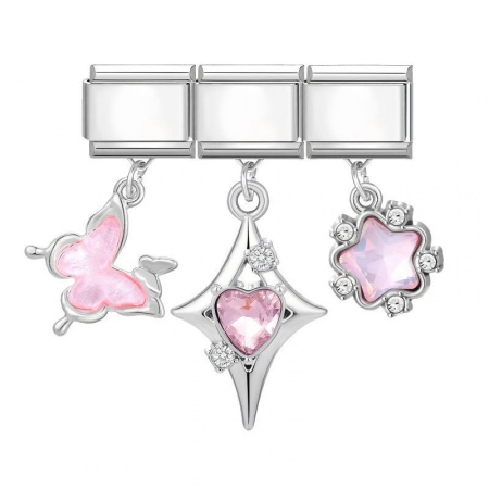 Picture of 1 Set ( 3 PCs/Set) 304 Stainless Steel & Zinc Based Alloy Italian Charm Links For DIY Modular Bracelet Watch Jewelry Making Wholesale Silver Tone Pink Butterfly Animal Star 10mm x 9mm