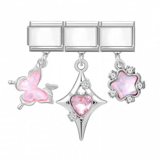 Picture of 1 Set ( 3 PCs/Set) 304 Stainless Steel & Zinc Based Alloy Italian Charm Links For DIY Modular Bracelet Watch Jewelry Making Wholesale Silver Tone Pink Butterfly Animal Star 10mm x 9mm