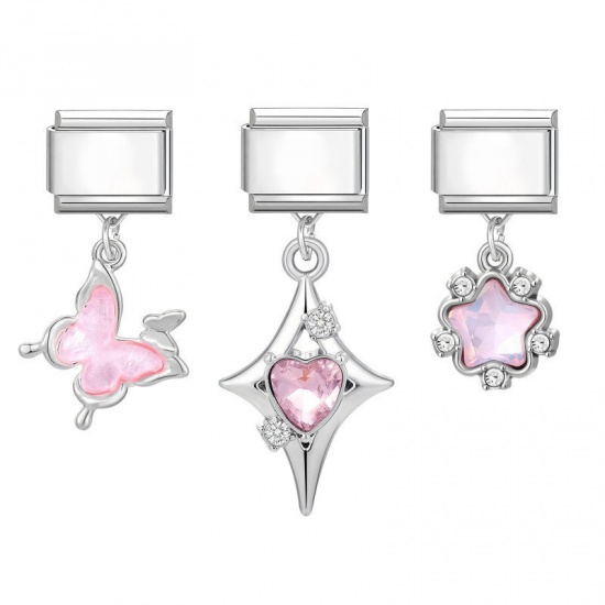Picture of 1 Set ( 3 PCs/Set) 304 Stainless Steel & Zinc Based Alloy Italian Charm Links For DIY Modular Bracelet Watch Jewelry Making Wholesale Silver Tone Pink Butterfly Animal Star 10mm x 9mm