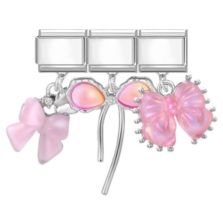 Picture of 1 Set ( 3 PCs/Set) 304 Stainless Steel & Zinc Based Alloy Italian Charm Links For DIY Modular Bracelet Watch Jewelry Making Wholesale Silver Tone Pink Bowknot 10mm x 9mm