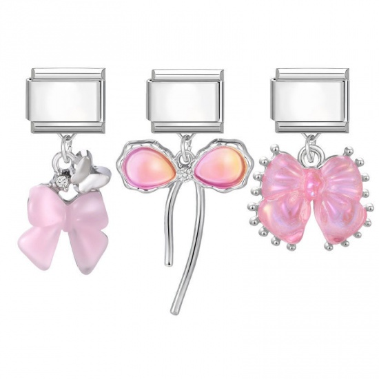 Picture of 1 Set ( 3 PCs/Set) 304 Stainless Steel & Zinc Based Alloy Italian Charm Links For DIY Modular Bracelet Watch Jewelry Making Wholesale Silver Tone Pink Bowknot 10mm x 9mm