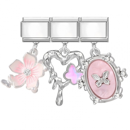 Picture of 1 Set ( 3 PCs/Set) 304 Stainless Steel & Zinc Based Alloy Italian Charm Links For DIY Modular Bracelet Watch Jewelry Making Wholesale Silver Tone Pink Flower Heart 10mm x 9mm