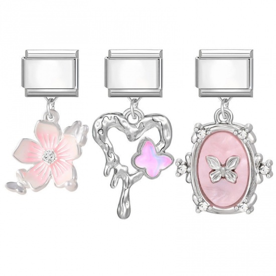 Picture of 1 Set ( 3 PCs/Set) 304 Stainless Steel & Zinc Based Alloy Italian Charm Links For DIY Modular Bracelet Watch Jewelry Making Wholesale Silver Tone Pink Flower Heart 10mm x 9mm