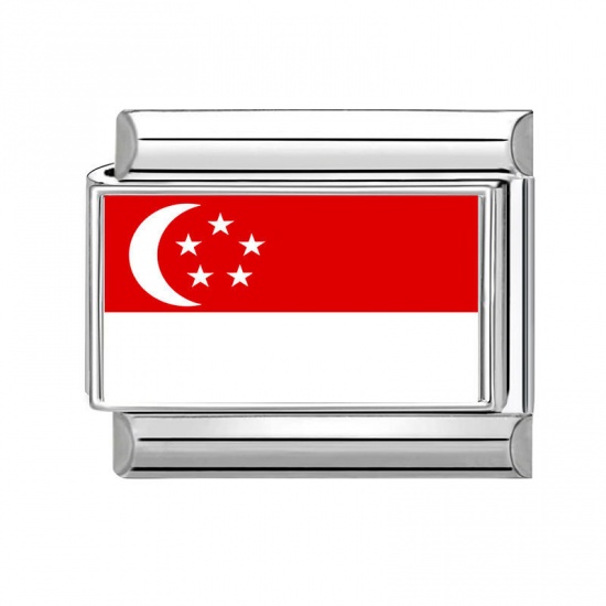 Picture of 1 Piece 304 Stainless Steel Italian Charm Links For DIY Bracelet Jewelry Making Wholesale Silver Tone Red Rectangle Singapore Flag 10mm x 9mm