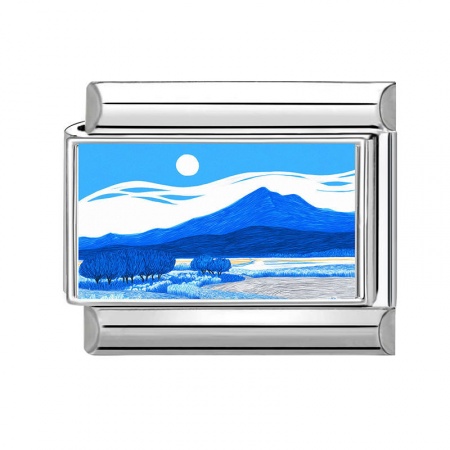 Picture of 1 Piece 304 Stainless Steel Italian Charm Links For DIY Bracelet Jewelry Making Wholesale Silver Tone Blue Rectangle Mountain 10mm x 9mm