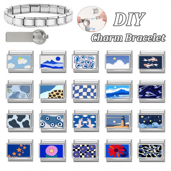 Picture of 1 Piece 304 Stainless Steel Italian Charm Links For DIY Bracelet Jewelry Making Wholesale Silver Tone Blue Rectangle Mountain 10mm x 9mm