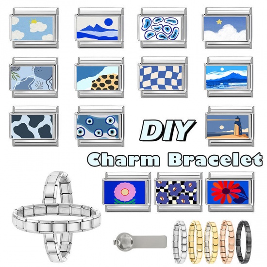 Picture of 1 Piece 304 Stainless Steel Italian Charm Links For DIY Bracelet Jewelry Making Wholesale Silver Tone Blue Rectangle Mountain 10mm x 9mm