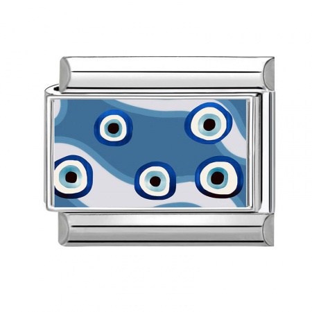 Picture of 1 Piece 304 Stainless Steel Italian Charm Links For DIY Bracelet Jewelry Making Wholesale Silver Tone Blue Rectangle Evil Eye 10mm x 9mm
