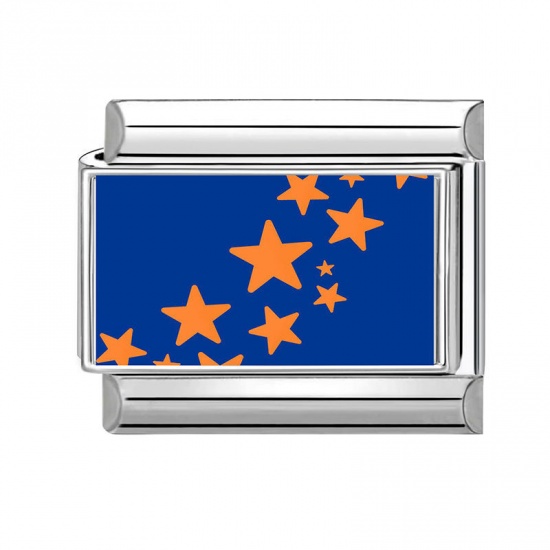 Picture of 1 Piece 304 Stainless Steel Italian Charm Links For DIY Bracelet Jewelry Making Wholesale Silver Tone Orange Rectangle Pentagram Star 10mm x 9mm