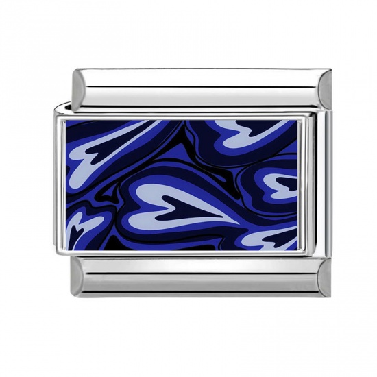 Picture of 1 Piece 304 Stainless Steel Valentine's Day Italian Charm Links For DIY Bracelet Jewelry Making Wholesale Silver Tone Blue Rectangle Heart 10mm x 9mm