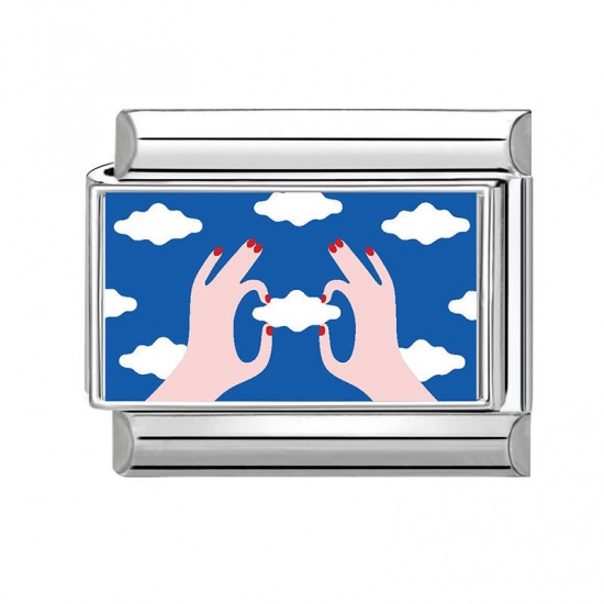 Picture of 1 Piece 304 Stainless Steel Italian Charm Links For DIY Bracelet Jewelry Making Wholesale Silver Tone Blue Rectangle Hand 10mm x 9mm