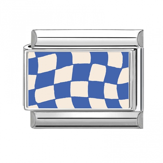 Picture of 1 Piece 304 Stainless Steel Italian Charm Links For DIY Bracelet Jewelry Making Wholesale Silver Tone Blue Rectangle Grid Checker 10mm x 9mm
