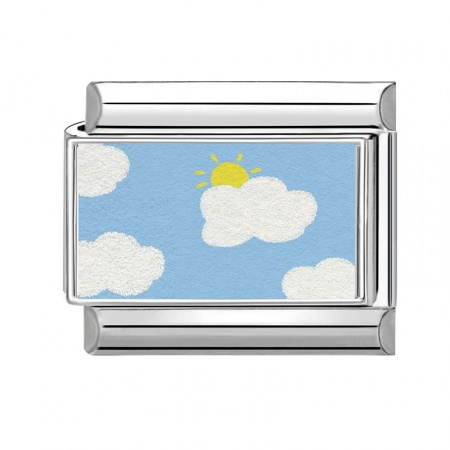 Picture of 1 Piece 304 Stainless Steel Italian Charm Links For DIY Bracelet Jewelry Making Wholesale Silver Tone Skyblue Rectangle Cloud 10mm x 9mm