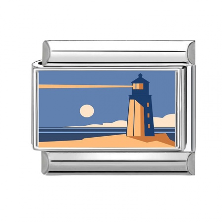 Picture of 1 Piece 304 Stainless Steel Italian Charm Links For DIY Bracelet Jewelry Making Wholesale Silver Tone Blue Rectangle Lighthouse 10mm x 9mm